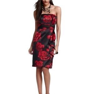 White House Black Market Strapless Satin Mini Dress Black Red Floral - Sz 2